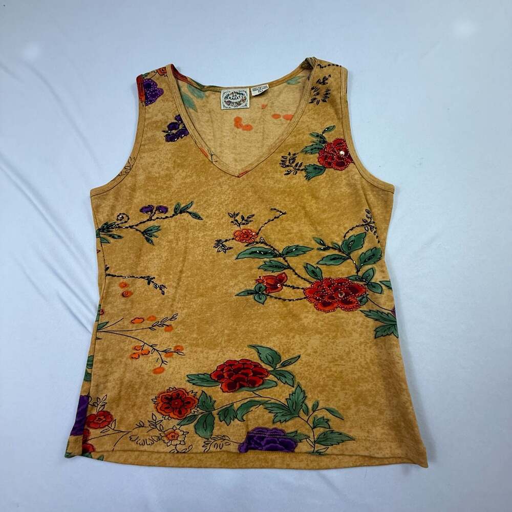 24 Karat Floral Beaded V-Neck Tank Top Size L